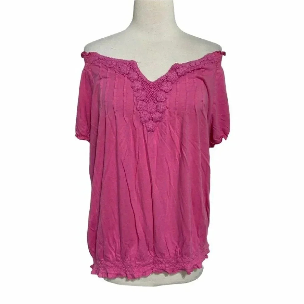 Lane Bryant Blouse 18/20 Pink Off Shoulder Crochet Trim Smocked Hem Cotton Modal